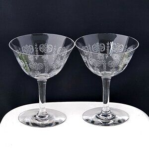 2 Fry King Champagne Coupes 5" etched Glasses 1933 floral vtg elegance art deco